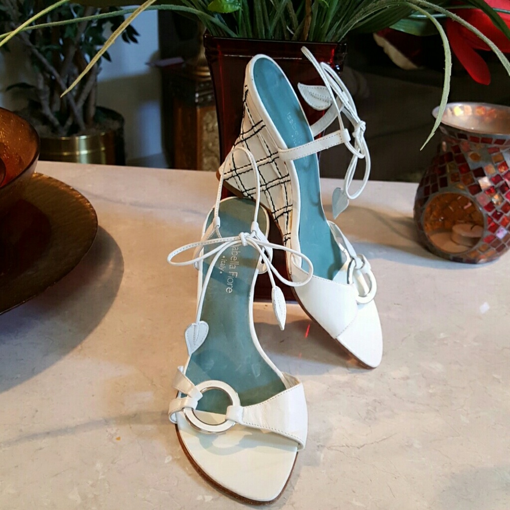Isabella Fiore White & Blue Strappy Wedge Sandals